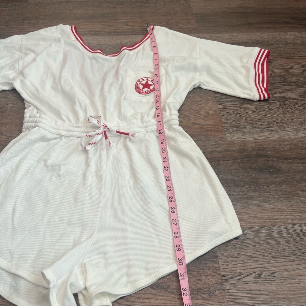 Anthropologie Waffle Knit Romper Size Medium Ivory Red Trim Lounge Casual Cozy - Picture 10 of 10
